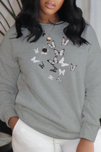 Grey Fashion Street Butterfly Print Patchwork O Neck Tops