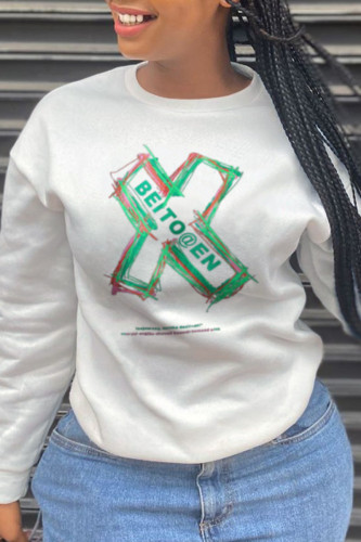 White Fashion Daily Print Patchwork O Neck Tops