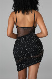 Schwarzes sexy Patchwork Hot Drilling durchsichtiges rückenfreies Sling-Kleid mit V-Ausschnitt