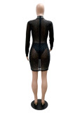 Svart Mode Sexigt Patchwork Hot Drilling Genomskinliga turtleneck långärmade klänningar