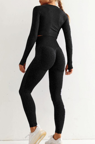 Черная повседневная спортивная одежда, однотонные лоскутные узкие брюки с длинными рукавами, комплект из двух предметов