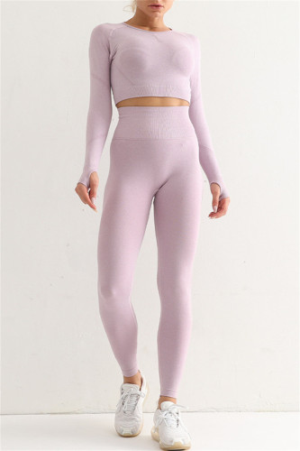 Vêtements de sport décontractés violet clair, Patchwork uni, slim, haut à manches longues, pantalon, ensemble deux pièces
