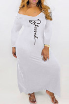 Белые модные повседневные базовые платья с длинным рукавом с принтом и v-образным вырезом