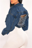 Deep Blue Fashion Casual Solid Turndown Collar Long Sleeve Regular Ripped Cropped Denim Jacket
