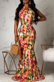 Rose Red Sexy Print Hollow Out Patchwork Halter Vestidos rectos