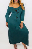 Grönt mode Casual Print Basic V-hals långärmade klänningar