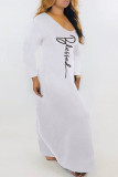 Белые модные повседневные базовые платья с длинным рукавом с принтом и v-образным вырезом