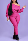 Rose Red Mode Casual Solid Basic Oblique Collar Plus Size Jumpsuits