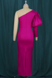 ローズレッドファッションソリッドバックレススリット斜め襟ランタンスリーブイブニングドレス