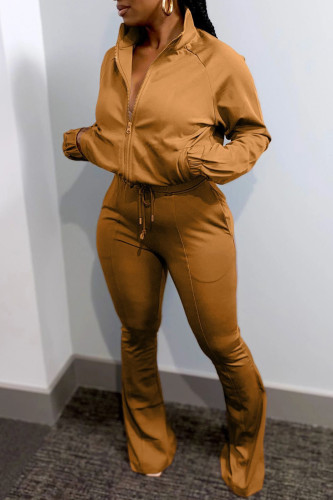 Coffee Fashion Casual Solid Hot Drill Zipper Collar Long Sleeve Two Pieces