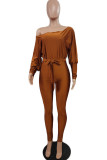 Brown Casual Solid Patchwork With Belt Oblique Collar Regular Jumpsuits