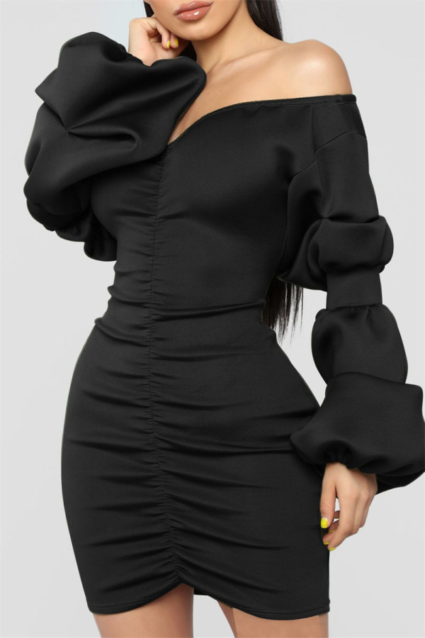 Zwarte sexy casual effen uit de schouder gevouwen jurken met lange mouwen