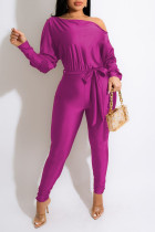 Rose Red Casual Solid Patchwork With Belt Oblique Collar Regular Jumpsuits