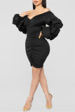 Black Sexy Casual Solid Fold Off the Shoulder Long Sleeve Dresses
