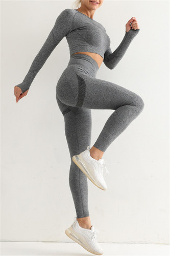Dark Gray Casual Sportswear Solid Patchwork Skinny Long Sleeved Top Trousers Two-piece Set