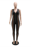 Black Fashion Sexy Patchwork See-through V Neck Skinny Jumpsuits
