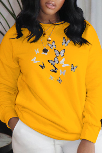 Yellow Fashion Street Butterfly Print Patchwork O Neck Tops
