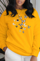 Yellow Fashion Street vlinderprint patchwork O-hals tops
