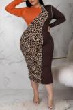 Tangerine Sexy Print Patchwork O Neck One Step Skirt Plus Size Dresses