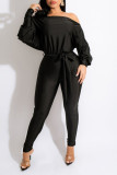 Black Casual Solid Patchwork With Belt Oblique Collar Regular Jumpsuits