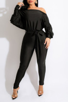 Zwart, casual effen patchwork met riem, schuine kraag, normale jumpsuits