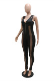 Macacão skinny preto fashion sexy patchwork transparente com decote em V