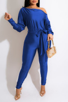 Blue Casual Solid Patchwork With Belt Oblique Collar Regular Jumpsuits