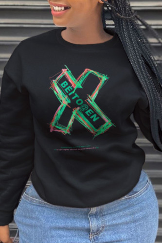 Black Fashion Daily Print Patchwork O Neck Tops