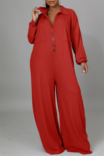 Red Fashion Casual Solid Patchwork Turndown Collar Regular Jumpsuits