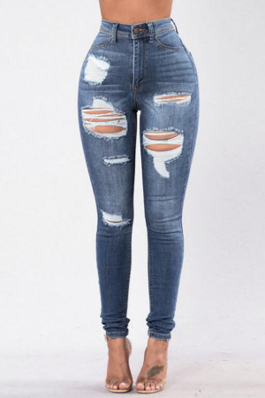 Dark Blue Casual Street Make Old Patchwork High Waist Ripped Denim Jeans