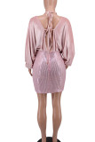 ピンクのセクシーな固体包帯スパンコール パッチワーク V ネック ワン ステップ スカート ドレス