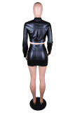Coffee Fashion Sexy Solid Split Joint Zipper Collar Long Sleeve Two Pieces
