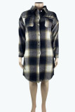 Black White Casual Plaid Print Patchwork Buckle Turndown Collar Plus Size Overcoat