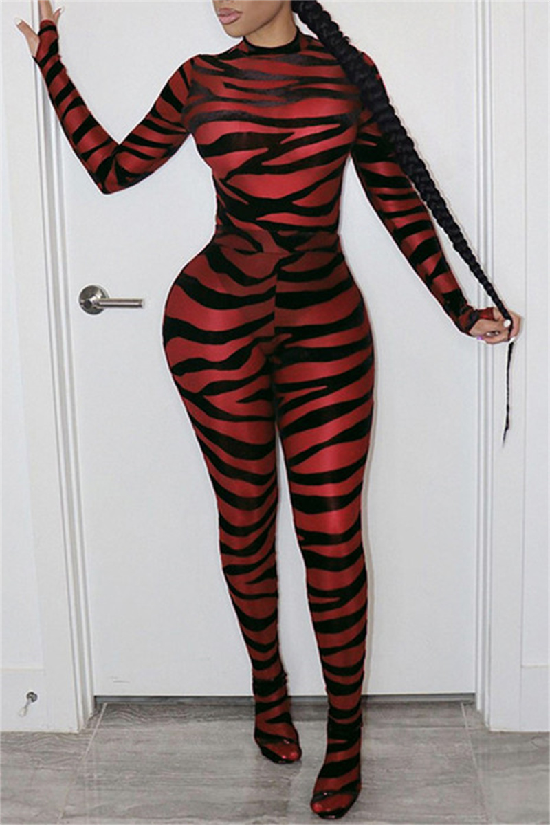 

Red Fashion Sexy Print See-through O Neck Skinny Jumpsuits