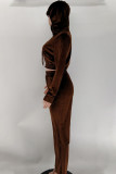 Brown Casual Solid Patchwork Zipper Hooded Collar Long Sleeve Two Pieces
