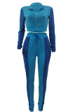 Blue Casual Solid Patchwork Zipper Zipper Collar Long Sleeve Two Pieces