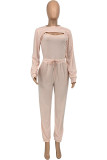 Light Pink Casual Solid Patchwork O Neck Three Pieces