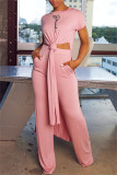 Розовый модный повседневный принт с разрезом и круглым вырезом с коротким рукавом из двух частей