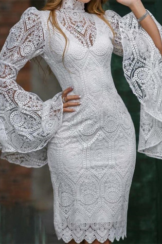 White Fashion Sexy Embroidery See-through Turtleneck Long Sleeve Two Pieces