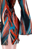 Vestidos de saia de uma etapa com estampa sexy multicolorida patchwork fenda gola alta