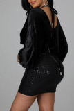 ブラック セクシー ソリッド 包帯 スパンコール パッチワーク V ネック ワン ステップ スカート ドレス