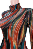 Robes jupe une étape à col roulé fendu multicolore imprimé sexy patchwork