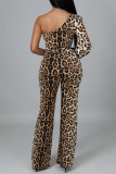 Leopardtryck Mode Casual Print Leopard Backless Oblique Collar Regular Jumpsuits