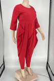 Black Casual Solid Patchwork Fold O Neck Plus Size Jumpsuits