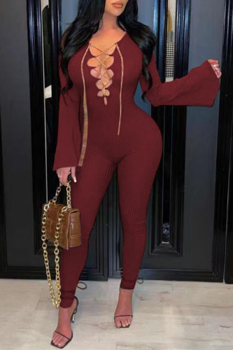 Burgundy Sexy Solid Hollowed Out V Neck Boot Cut Jumpsuits