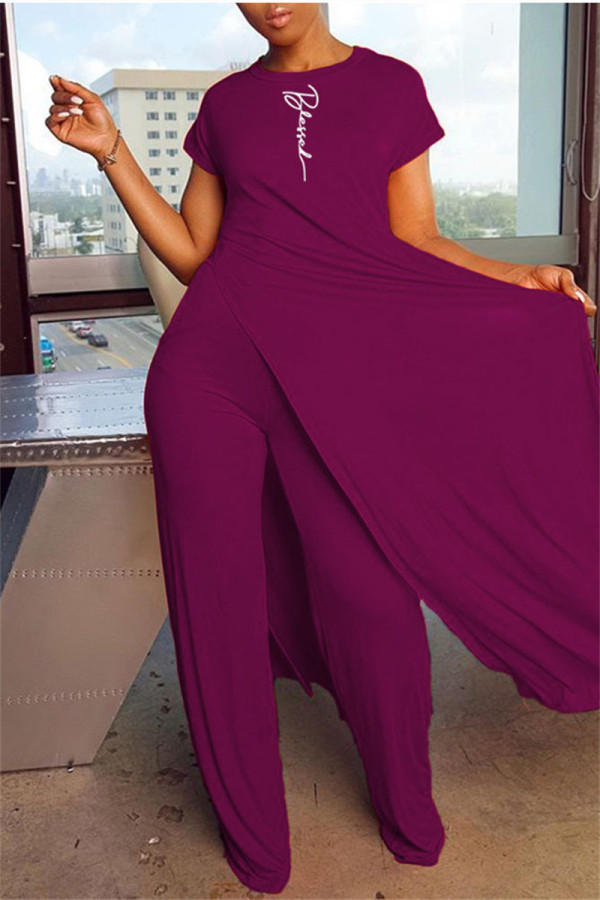 Фиолетовый модный повседневный принт с разрезом и круглым вырезом с коротким рукавом из двух частей