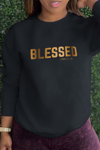 Black Street Daily Print Letter O Neck Tops