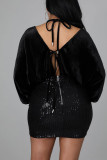 Черные сексуальные однотонные повязки с блестками в стиле пэчворк и V-образным вырезом, одношаговые платья-юбки