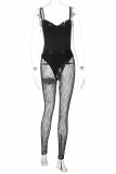 Black Fashion Sexy Patchwork See-through Backless Spaghetti Strap Sleeveless Two Pieces
