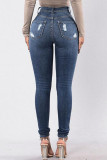 Baby Blue Casual Street Make Old Patchwork High Waist Ripped Denim Jeans